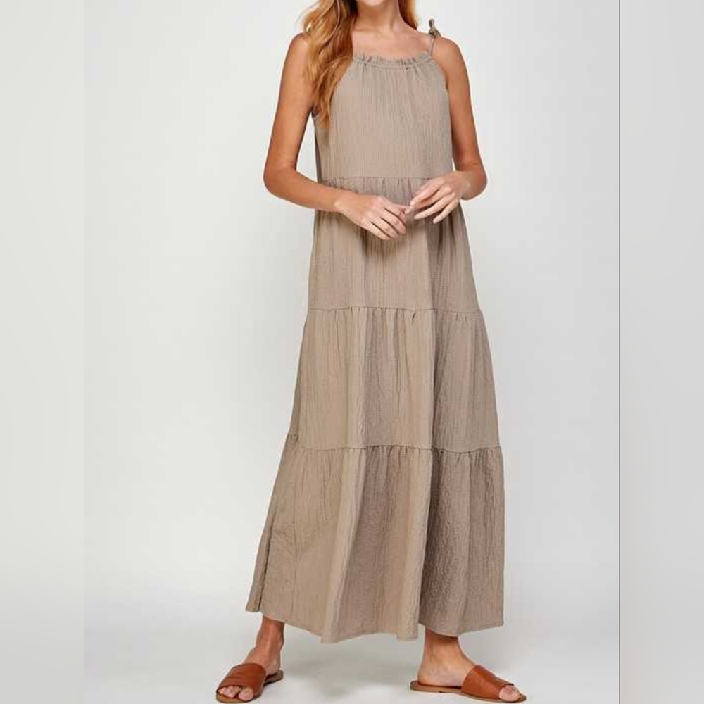 #554 🛑L NEW! MOCHA Tie Shoulder Tiered Maxi Dress